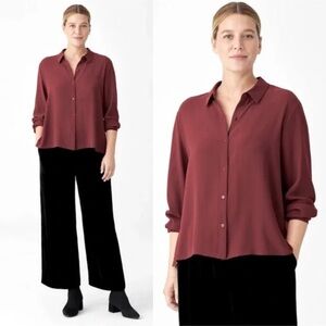 NWT Eileen Fisher Silk Georgette Crepe Classic Collar Shirt Sz L